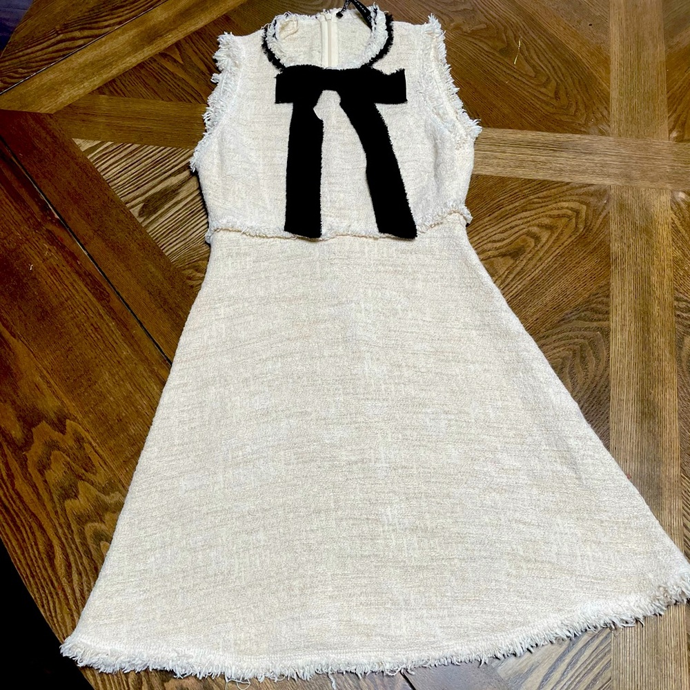 Zara WomanTweed Bow Tie Fringe Sleeveless Mini Dress. SZ XS